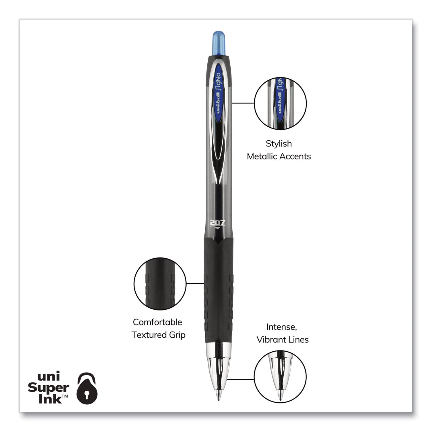 uni-ball Signo 207 Gel Pen, Retractable, Medium 0.7 mm, Blue Ink, Smoke/Black/Blue Barrel, 36/Box (1921064)