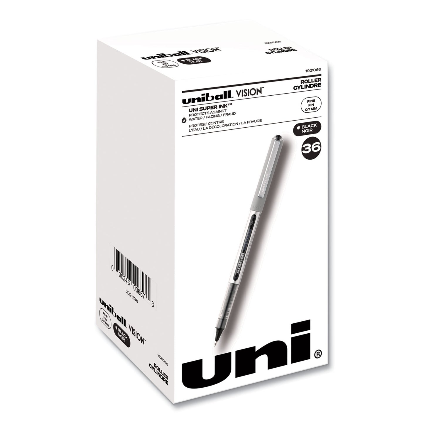 uni-ball VISION Roller Ball Pen, Stick, Fine 0.7 mm, Black Ink, Silver/Black/Clear Barrel, 36/Pack (1921066)