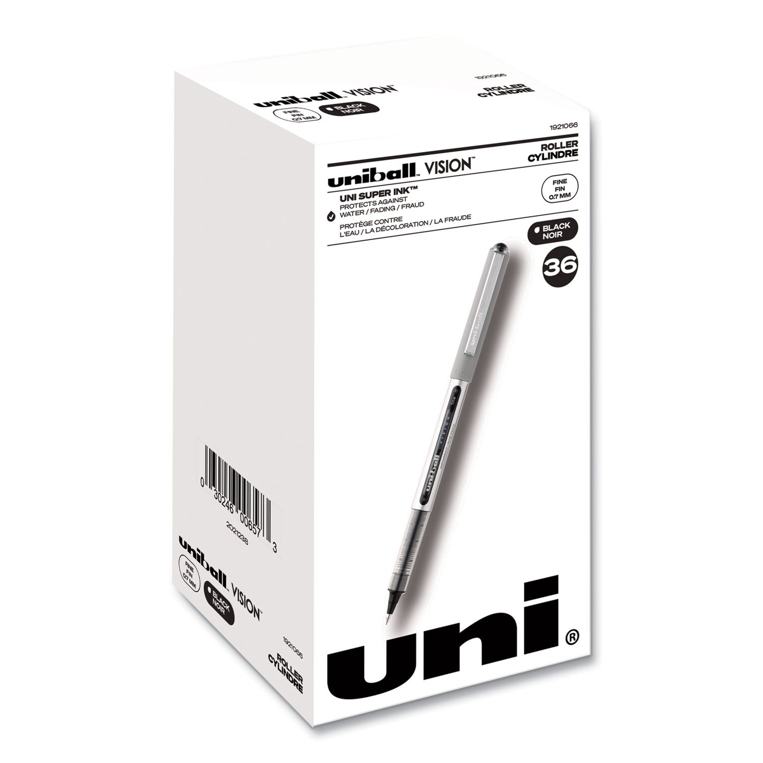 uni-ball VISION Roller Ball Pen, Stick, Fine 0.7 mm, Black Ink, Silver/Black/Clear Barrel, 36/Pack (1921066)
