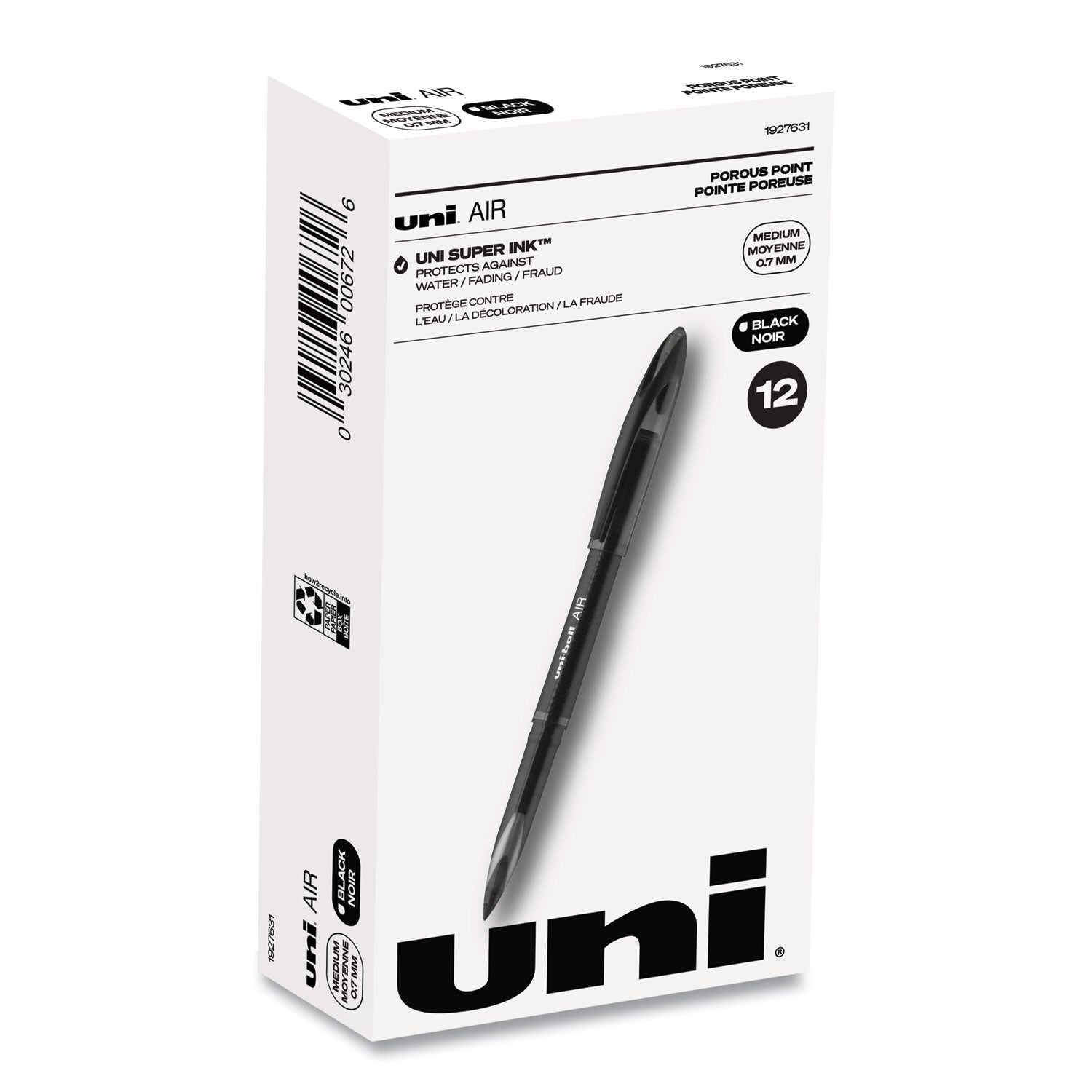 uni-ball AIR Porous Rollerball Pen, Medium 0.7 mm, Black Ink/Barrel, Dozen (1927631)