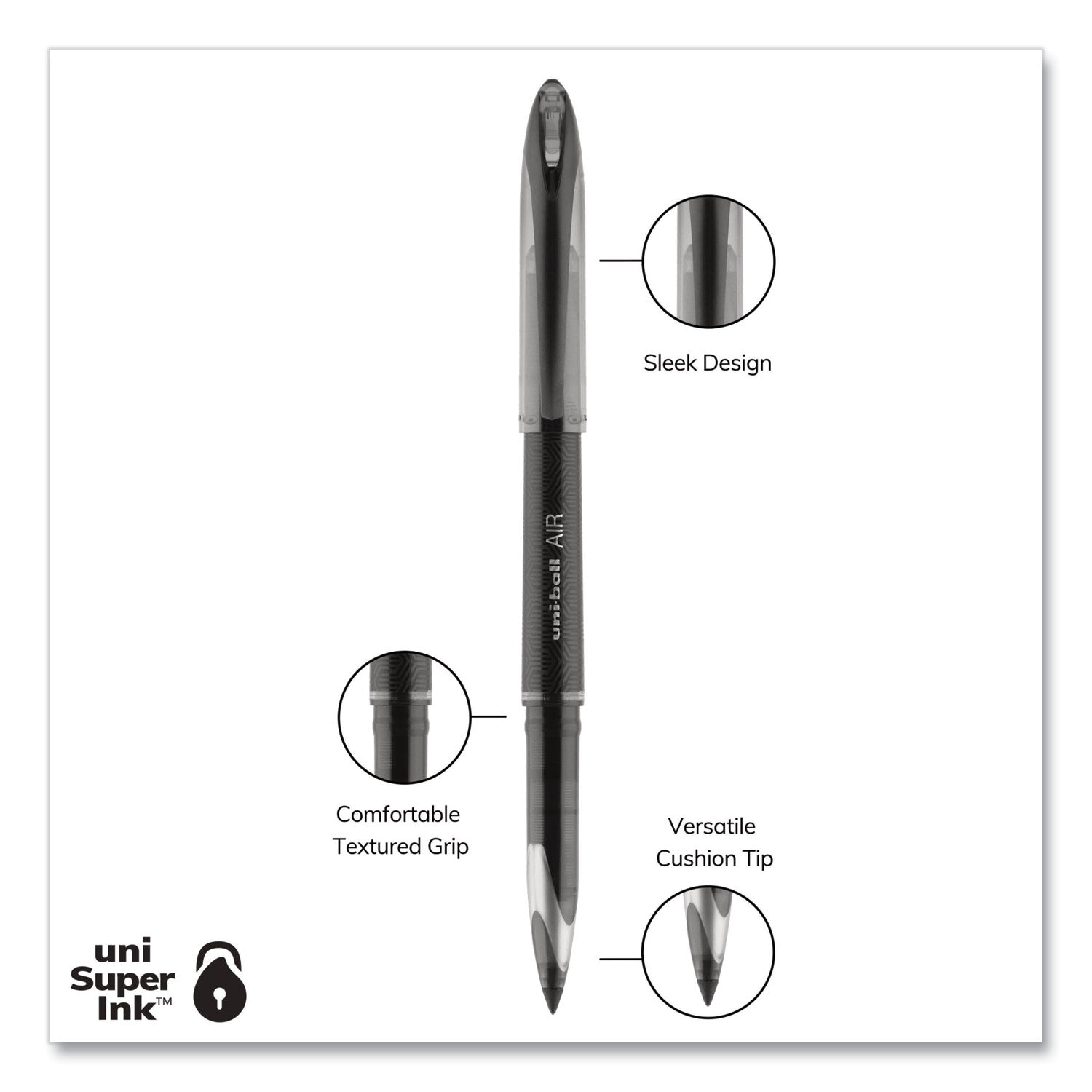 uni-ball AIR Porous Rollerball Pen, Medium 0.7 mm, Black Ink/Barrel, Dozen (1927631)