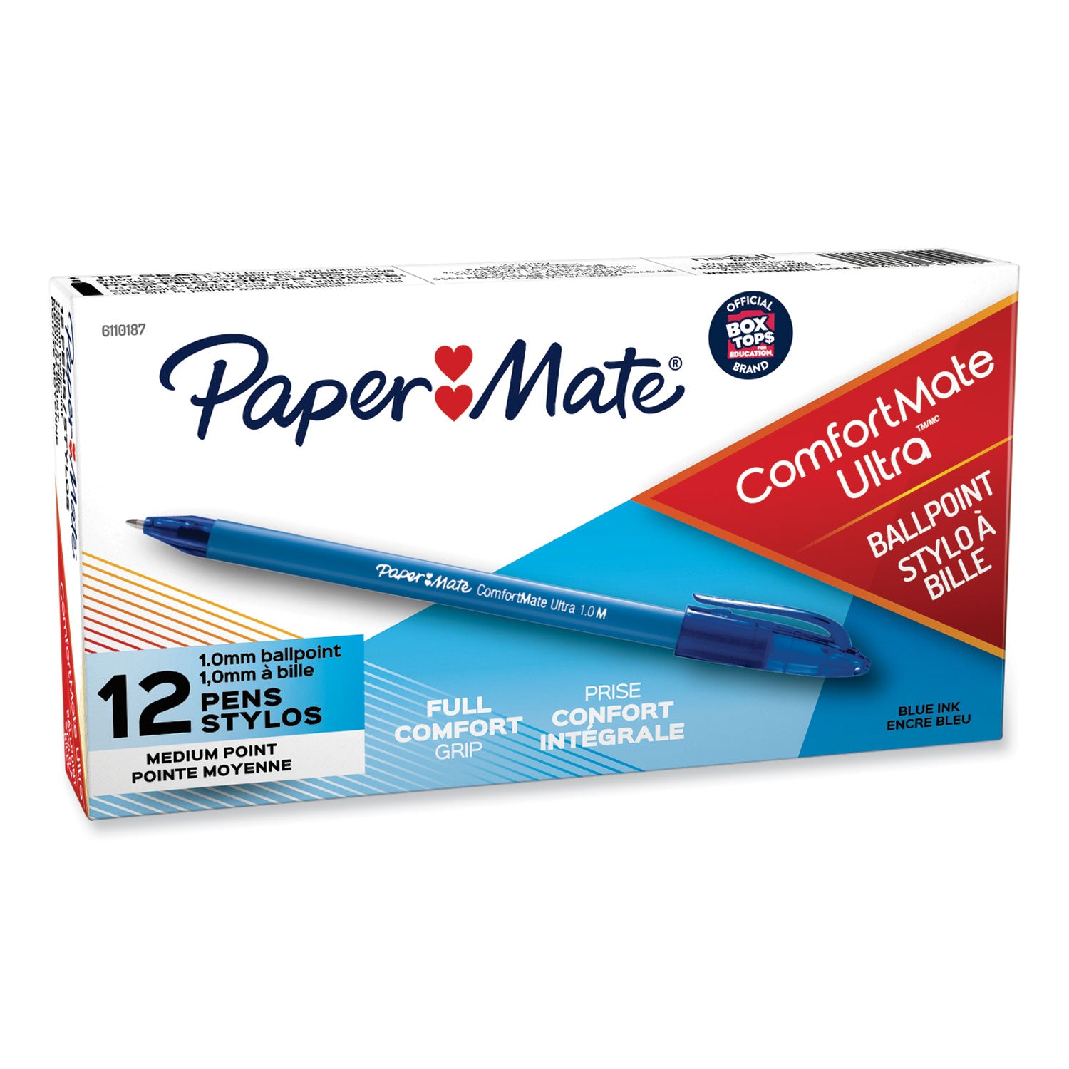 Paper Mate ComfortMate Ultra Ballpoint Pen, Stick, Medium 1 mm, Blue Ink, Blue Barrel, Dozen (6110187)