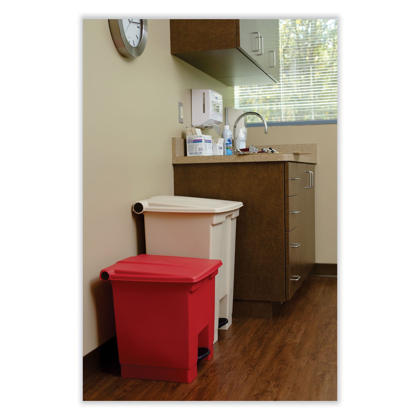 Rubbermaid Commercial Indoor Utility Step-On Waste Container, 8 gal, Plastic, Red (6143RED)