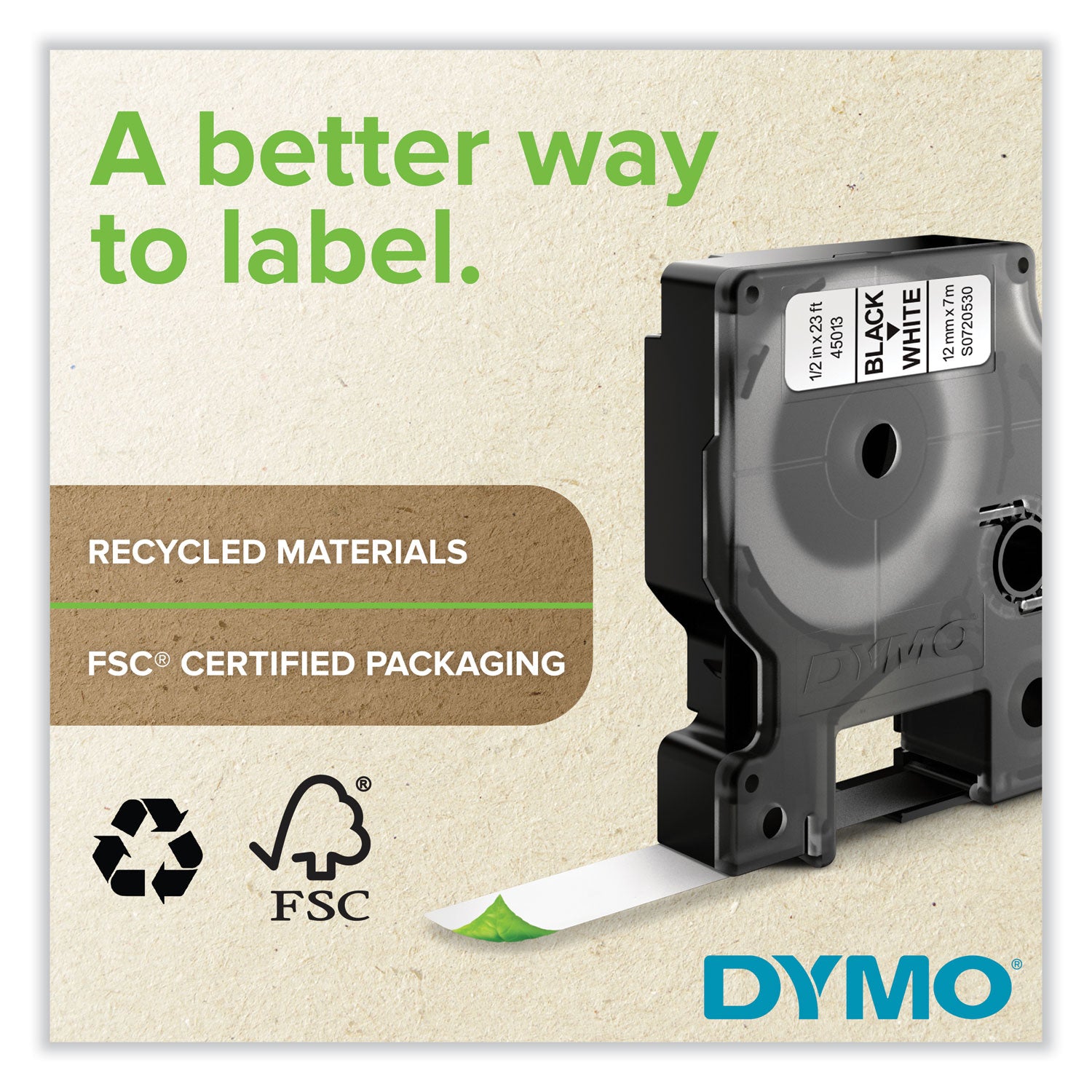 DYMO D1 Standard Labels, 0.5" x 23 ft, Black Print on White Tape, 6/Pack (2025517)