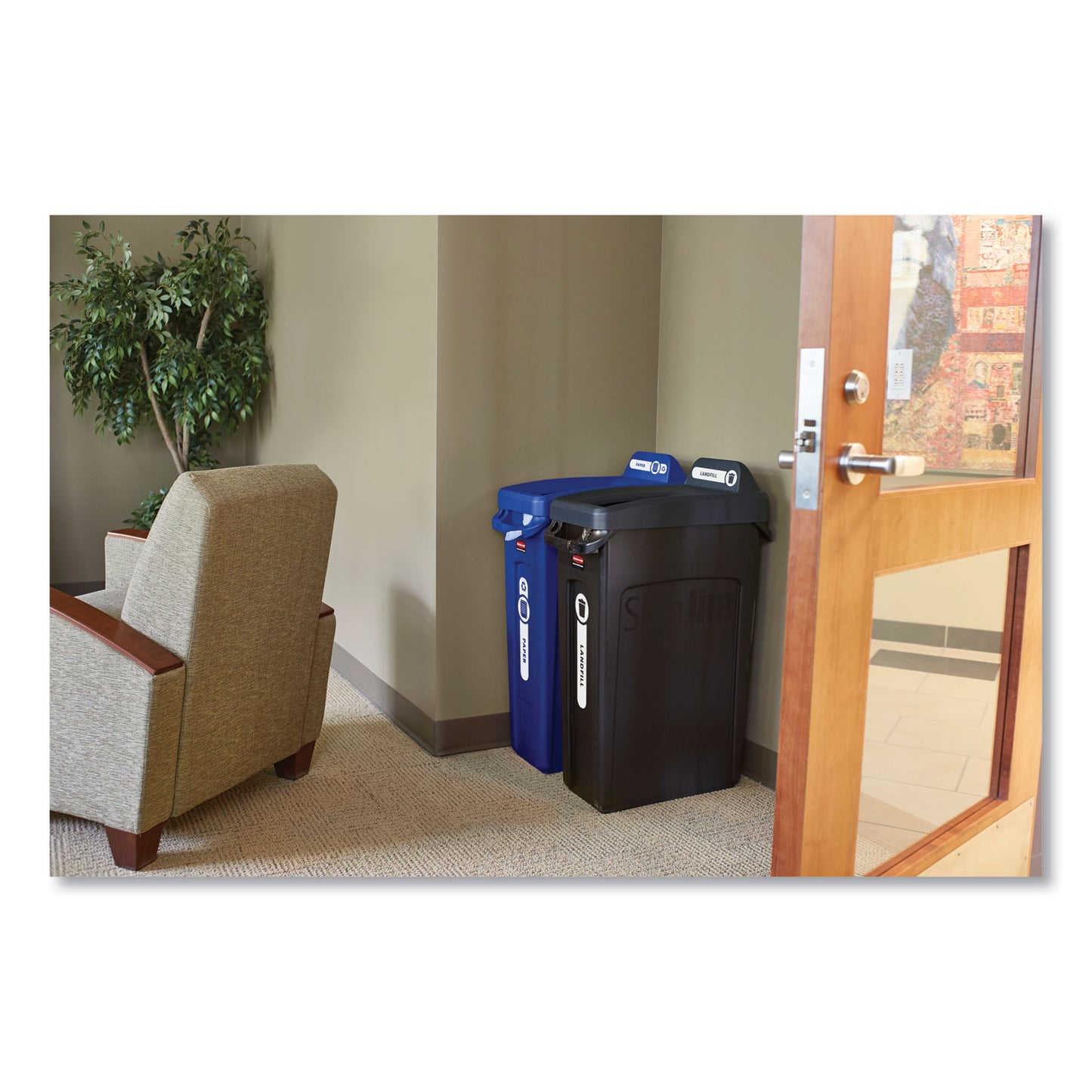 Rubbermaid Commercial Slim Jim Plastic Recycling Container with Venting Channels, 23 gal, Plastic, Blue (354007BE)