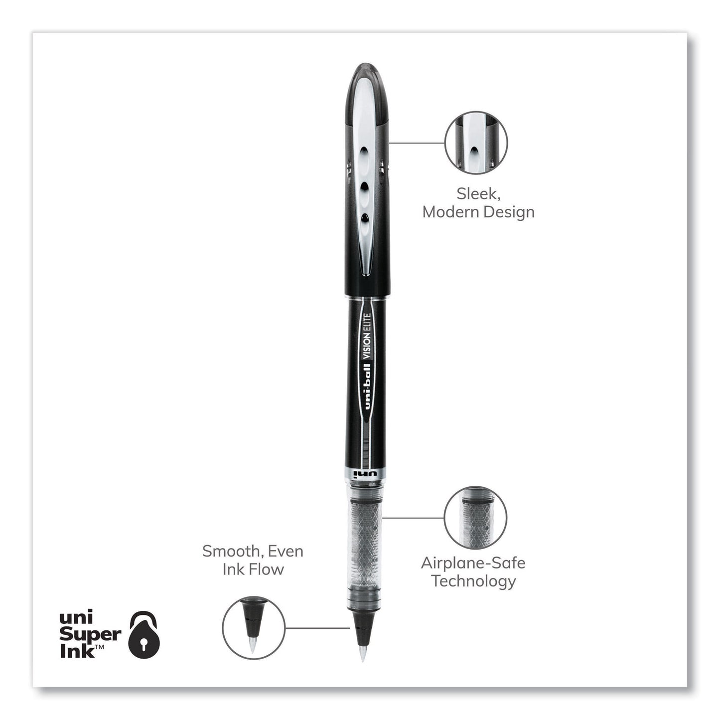 uni-ball VISION ELITE Hybrid Gel Pen, Stick, Extra-Fine 0.5 mm, Black Ink, Black/Clear Barrel (69000)