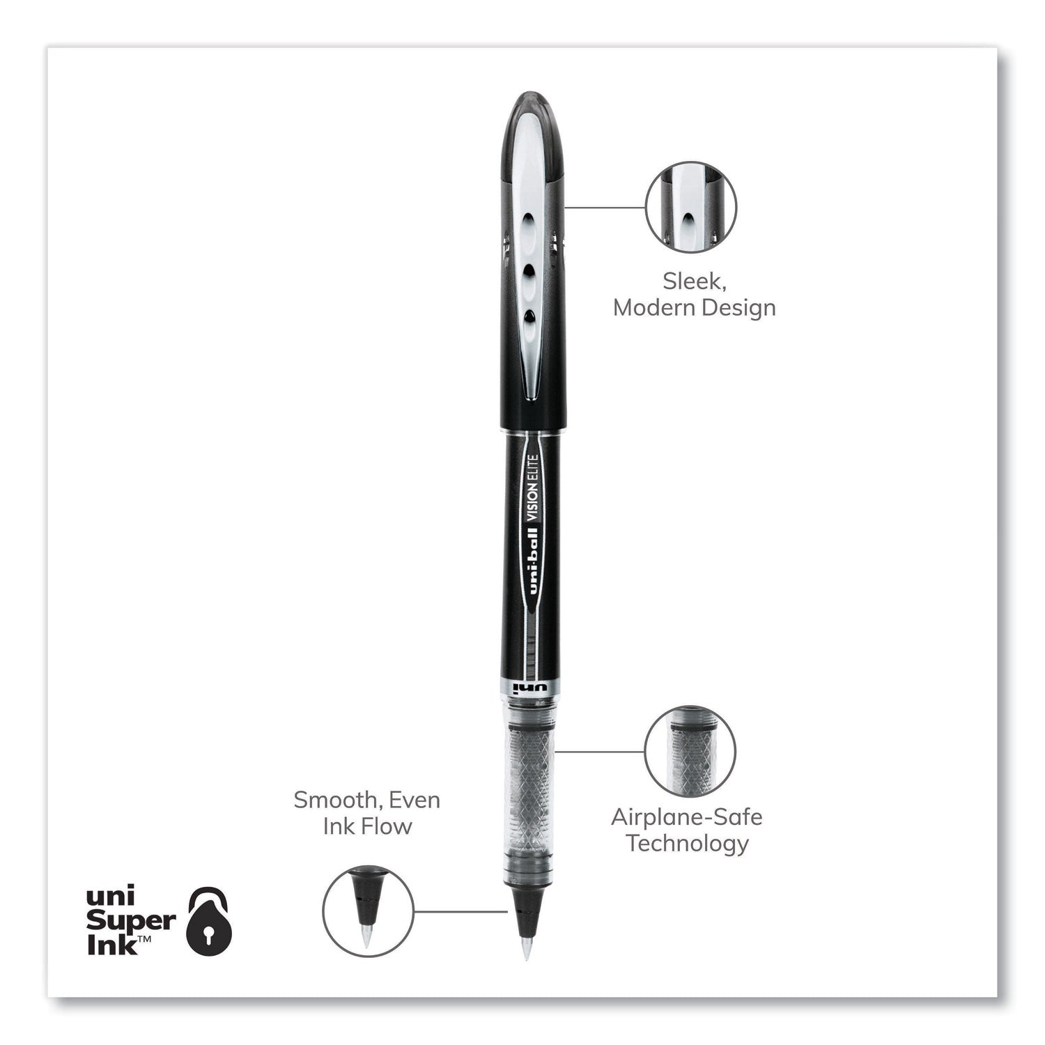 uni-ball VISION ELITE Hybrid Gel Pen, Stick, Extra-Fine 0.5 mm, Black Ink, Black/Clear Barrel (69000)