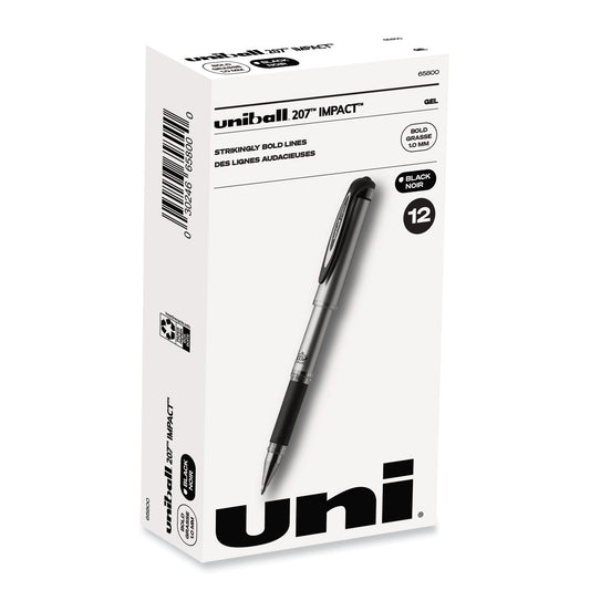 uni-ball 207 Impact Gel Pen, Stick, Bold 1 mm, Black Ink, Silver/Black Barrel (65800)