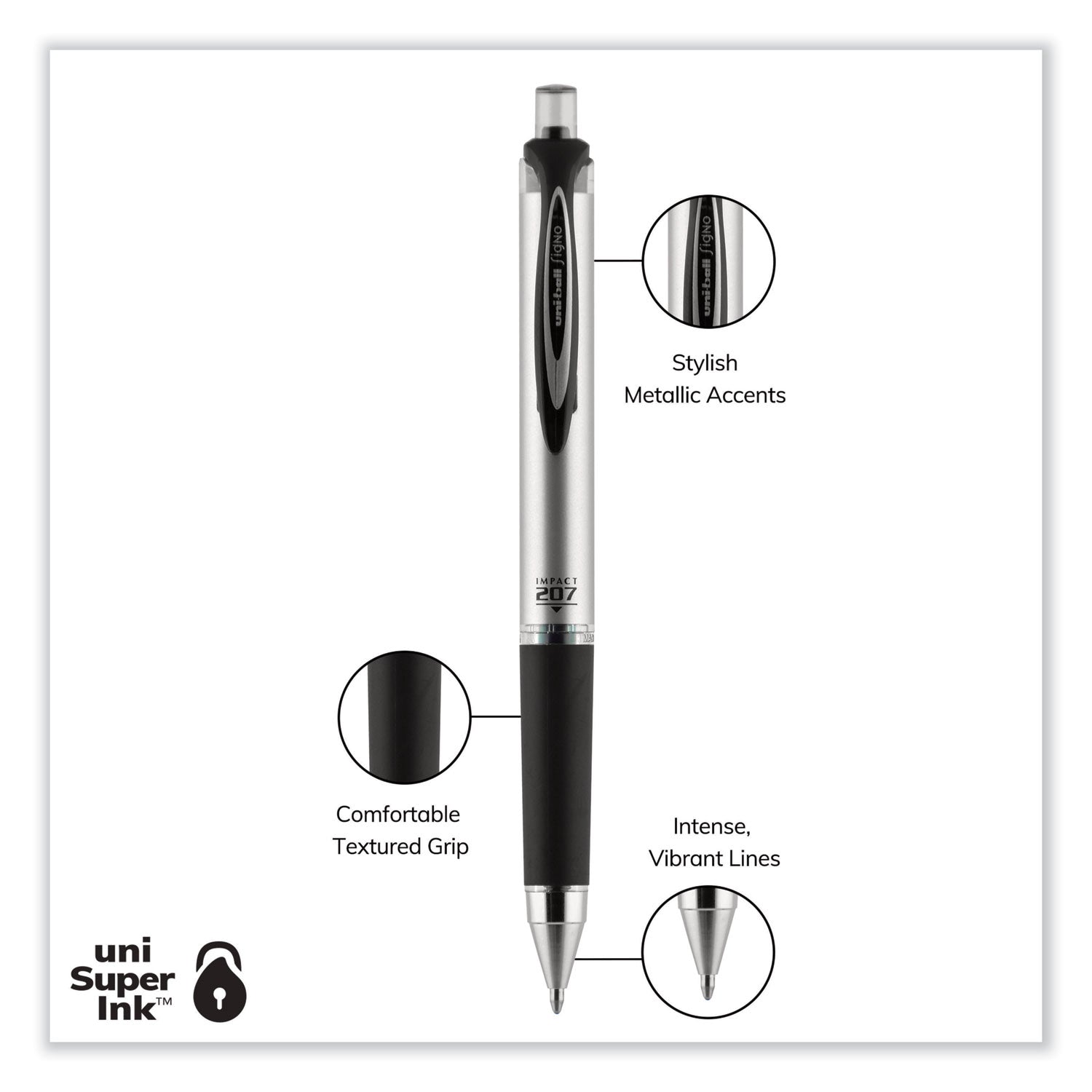 uni-ball 207 Impact Gel Pen, Retractable, Bold 1 mm, Black Ink, Black Barrel (65870)