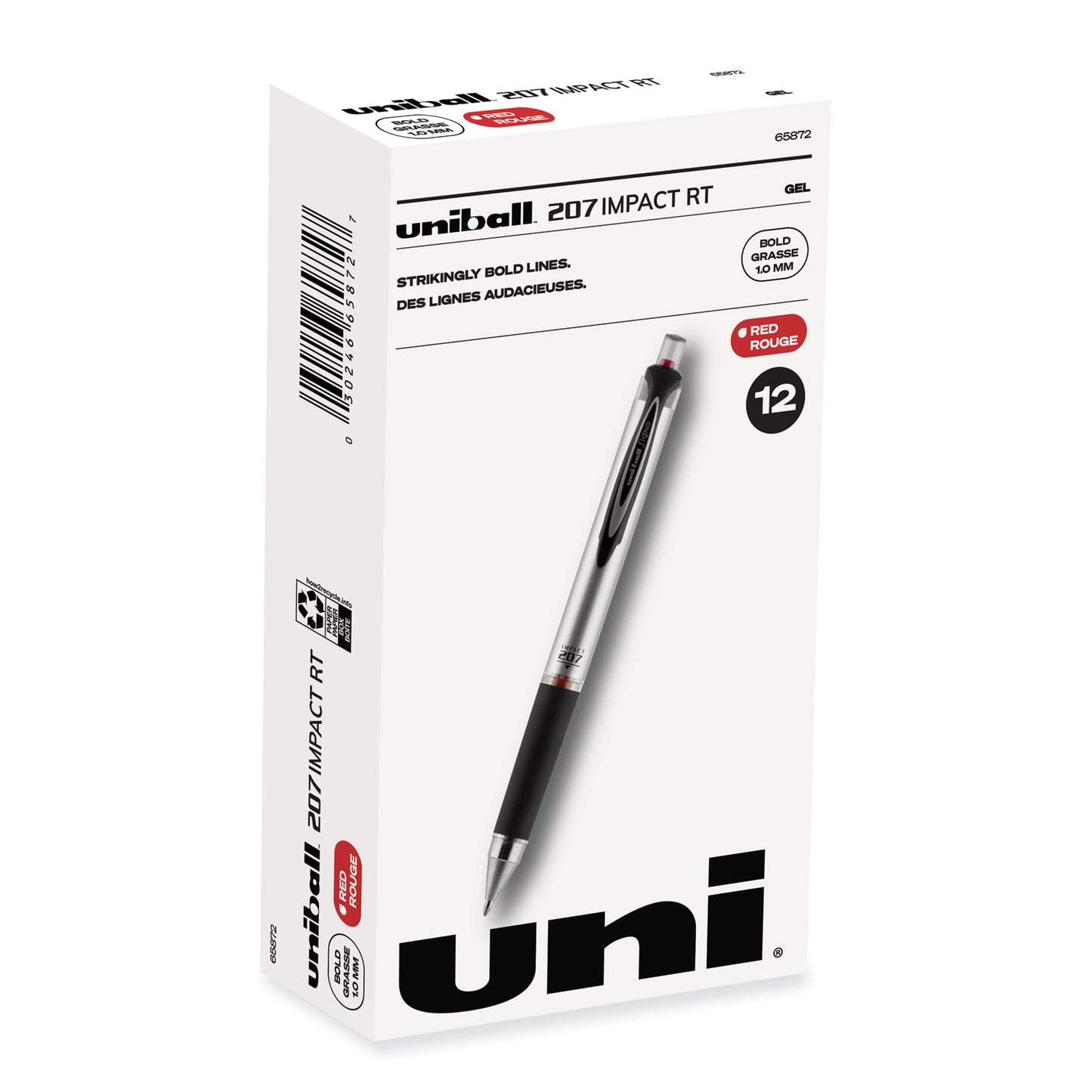 uni-ball 207 Impact Gel Pen, Retractable, Bold 1 mm, Red Ink, Black/Red Barrel (65872)