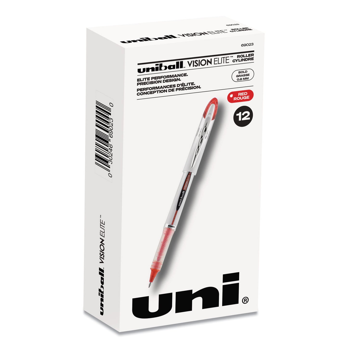 uni-ball VISION ELITE Hybrid Gel Pen, Stick, Bold 0.8 mm, Red Ink, White/Red/Clear Barrel (69023)