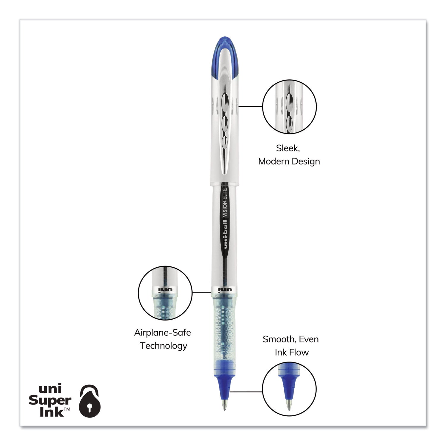 uni-ball VISION ELITE Hybrid Gel Pen, Stick, Bold 0.8 mm, Blue Ink, White/Blue/Clear Barrel (69024)