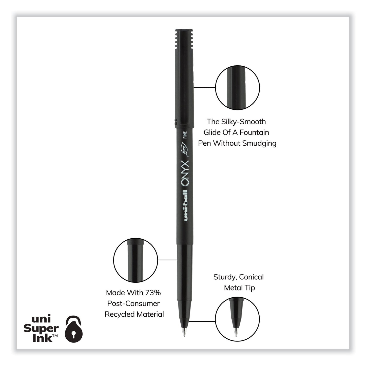 uni-ball ONYX Roller Ball Pen, Stick, Fine 0.7 mm, Black Ink, Black Barrel, 72/Pack (2013567)