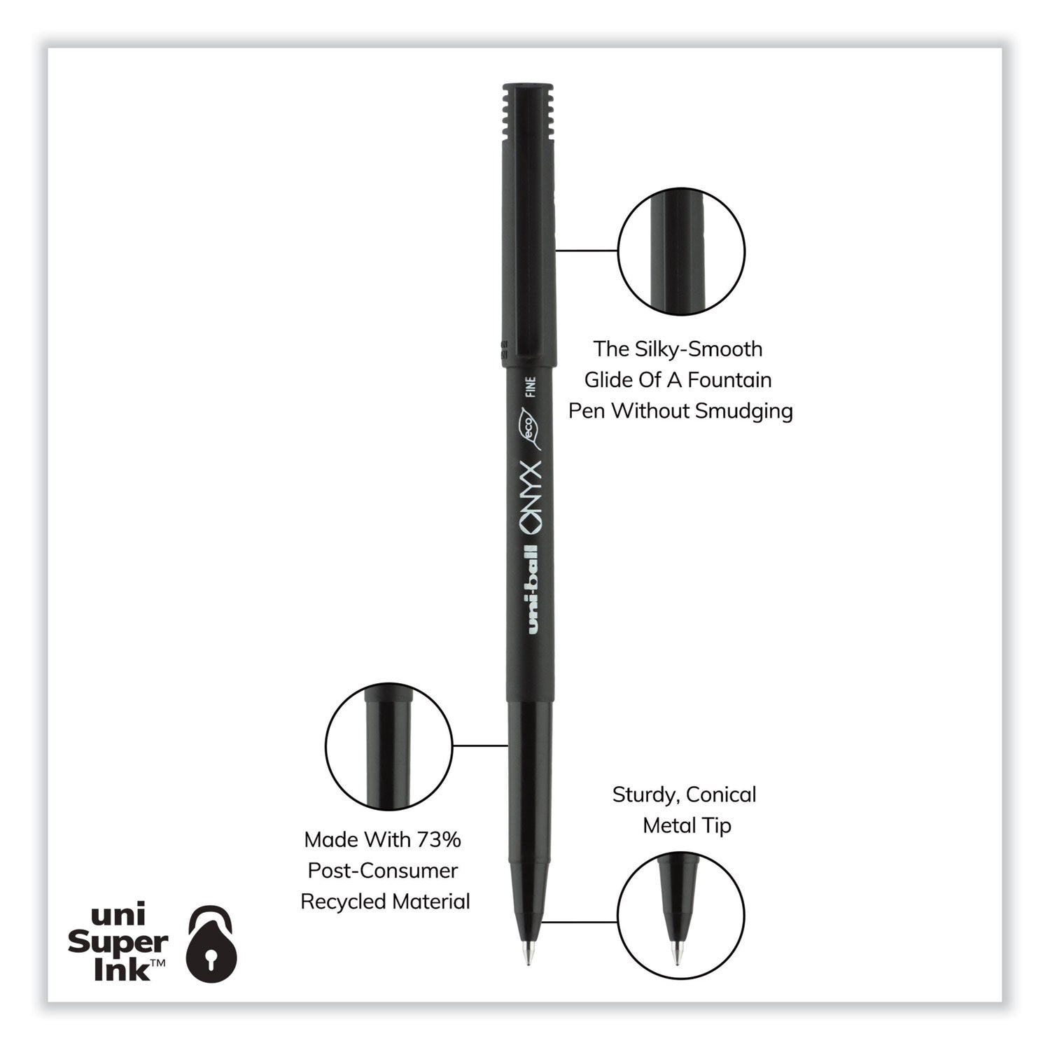 uni-ball ONYX Roller Ball Pen, Stick, Fine 0.7 mm, Black Ink, Black Barrel, 72/Pack (2013567)