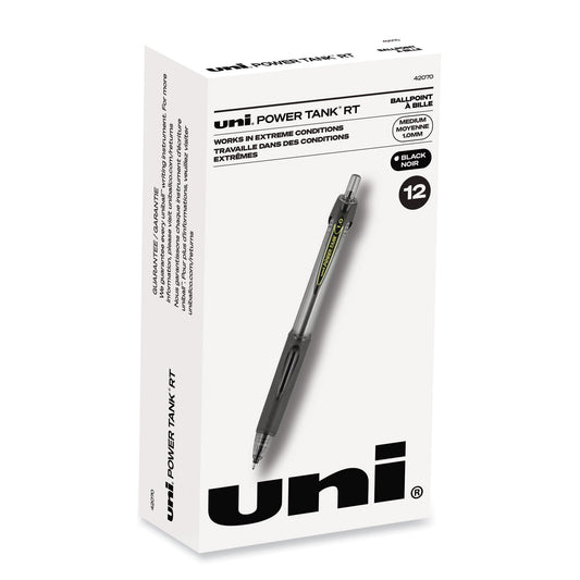 uni-ball Power Tank RT Ballpoint Pen, Retractable, Bold 1 mm, Black Ink, Smoke/Black Barrel, Dozen (42070)