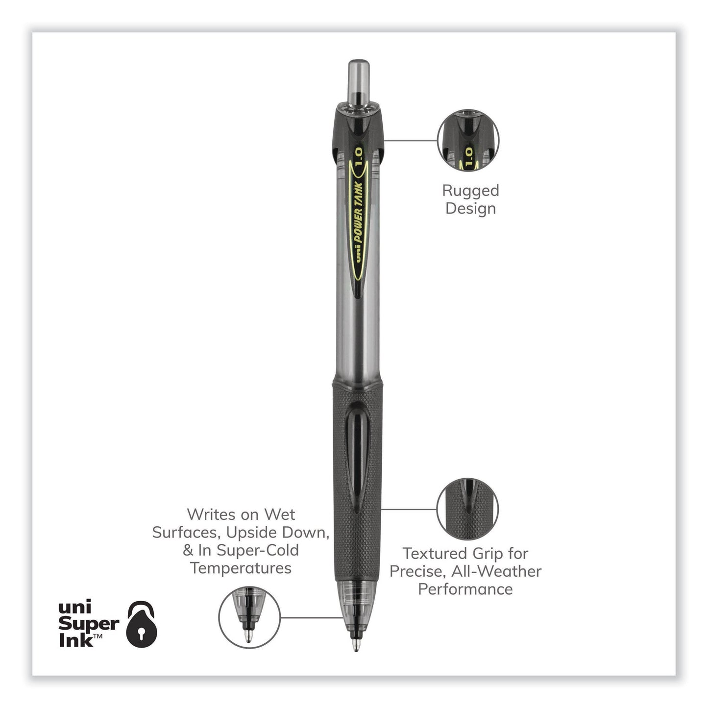 uni-ball Power Tank RT Ballpoint Pen, Retractable, Bold 1 mm, Black Ink, Smoke/Black Barrel, Dozen (42070)