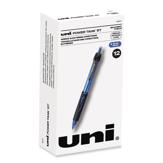 uni-ball Power Tank RT Ballpoint Pen, Retractable, Bold 1 mm, Blue Ink, Translucent Blue/Black Barrel, Dozen (42071)