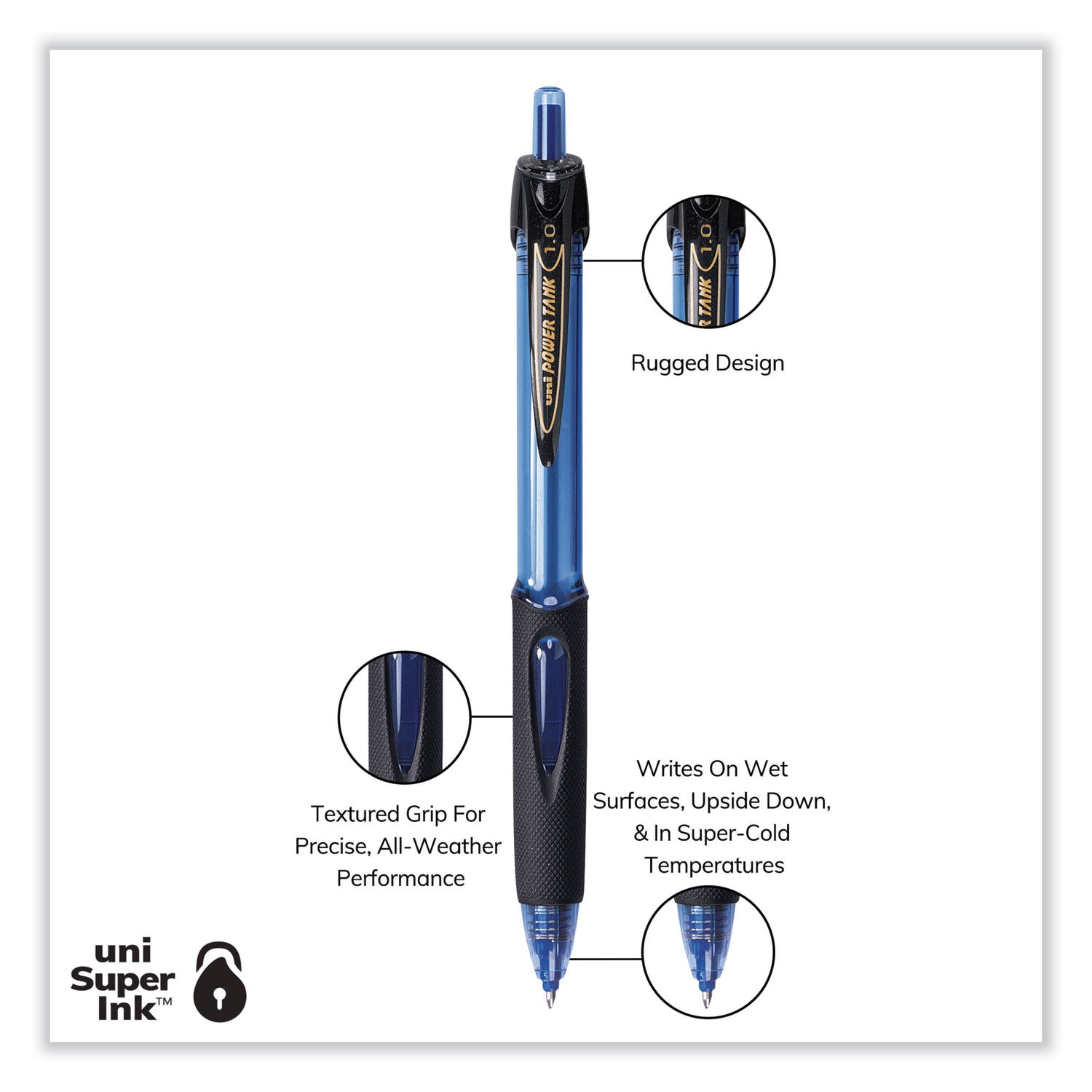 uni-ball Power Tank RT Ballpoint Pen, Retractable, Bold 1 mm, Blue Ink, Translucent Blue/Black Barrel, Dozen (42071)