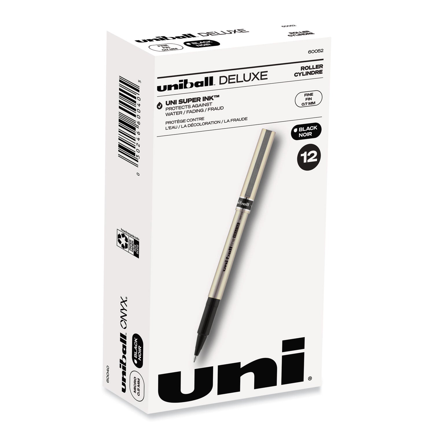 uni-ball Deluxe Roller Ball Pen, Stick, Fine 0.7 mm, Black Ink, Champagne/Black Barrel, Dozen (60052)