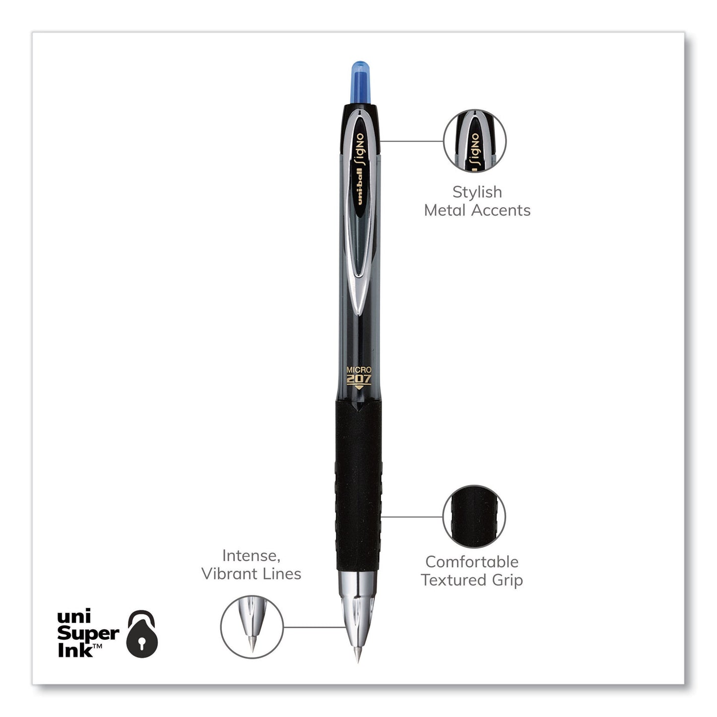 uni-ball Signo 207 Gel Pen, Retractable, Fine 0.5 mm, Blue Ink, Smoke/Black/Blue Barrel, Dozen (61256)