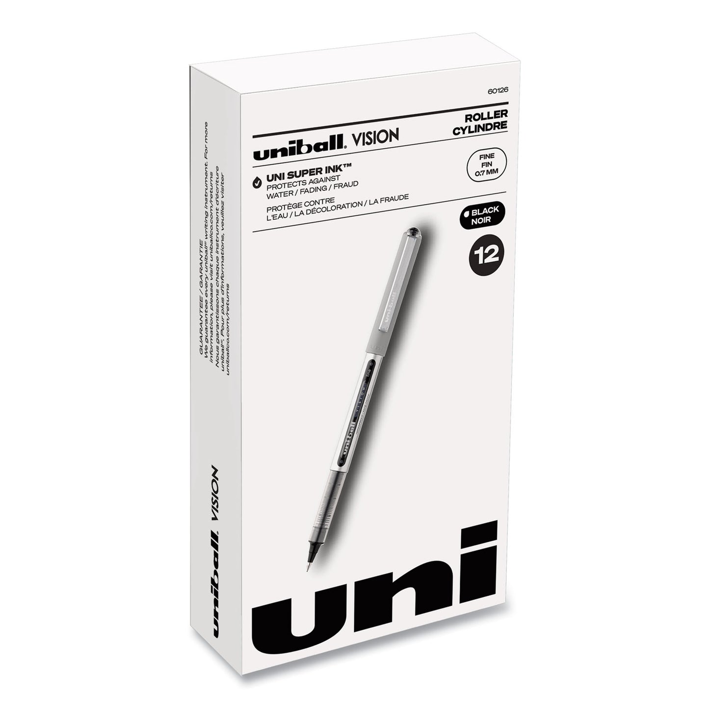 uni-ball VISION Roller Ball Pen, Stick, Fine 0.7 mm, Black Ink, Silver/Black/Clear Barrel, Dozen (60126)