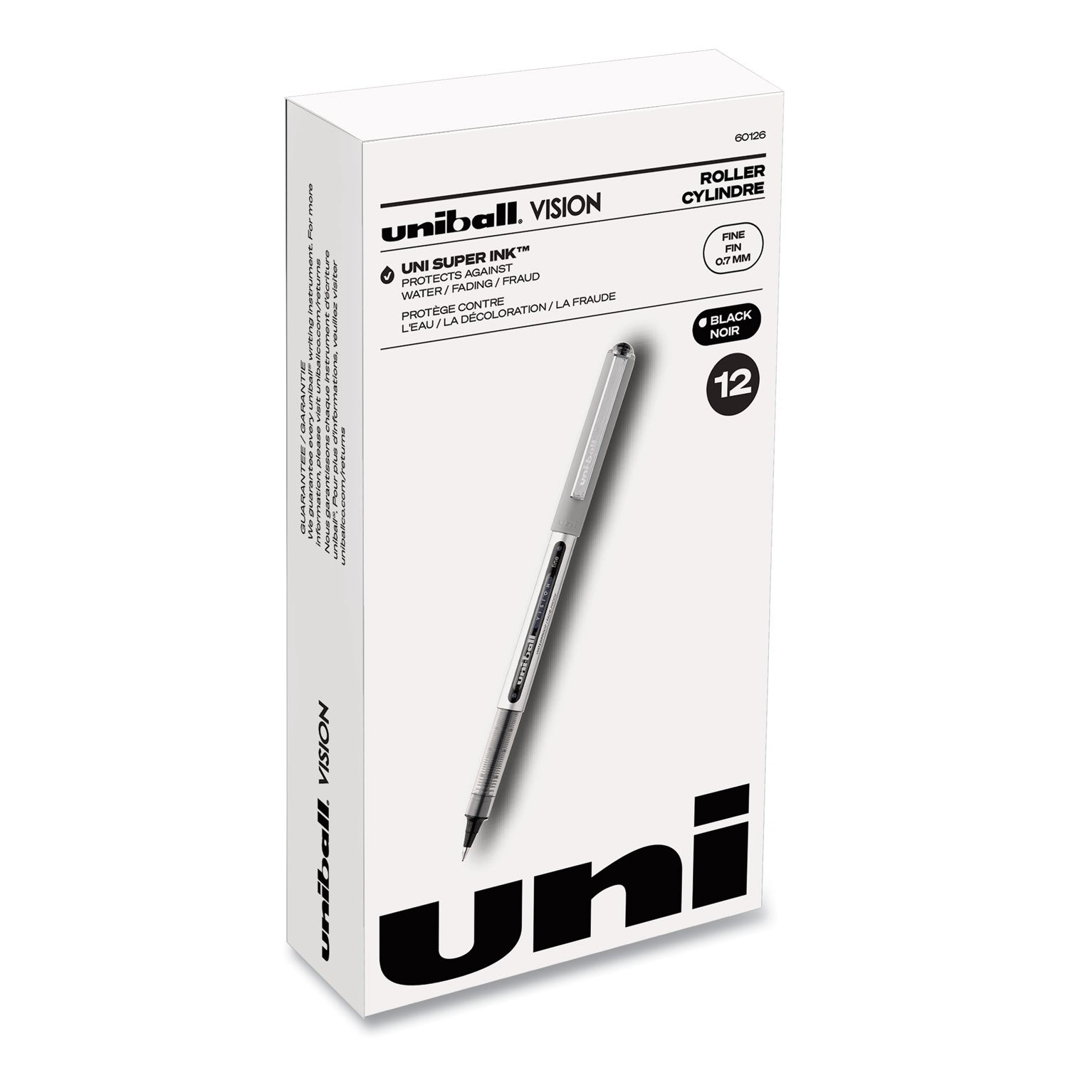 uni-ball VISION Roller Ball Pen, Stick, Fine 0.7 mm, Black Ink, Silver/Black/Clear Barrel, Dozen (60126)