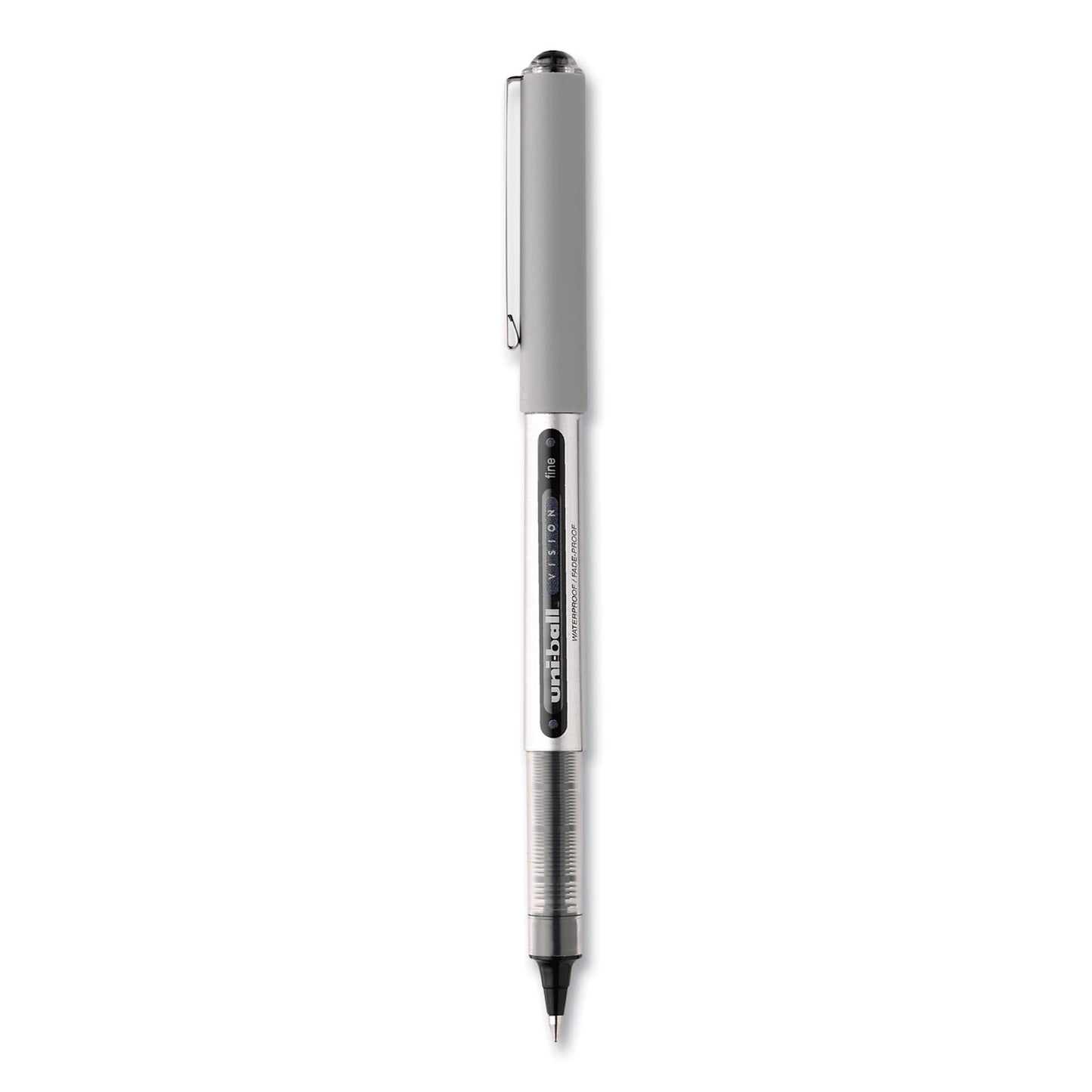 uni-ball VISION Roller Ball Pen, Stick, Fine 0.7 mm, Black Ink, Silver/Black/Clear Barrel, Dozen (60126)