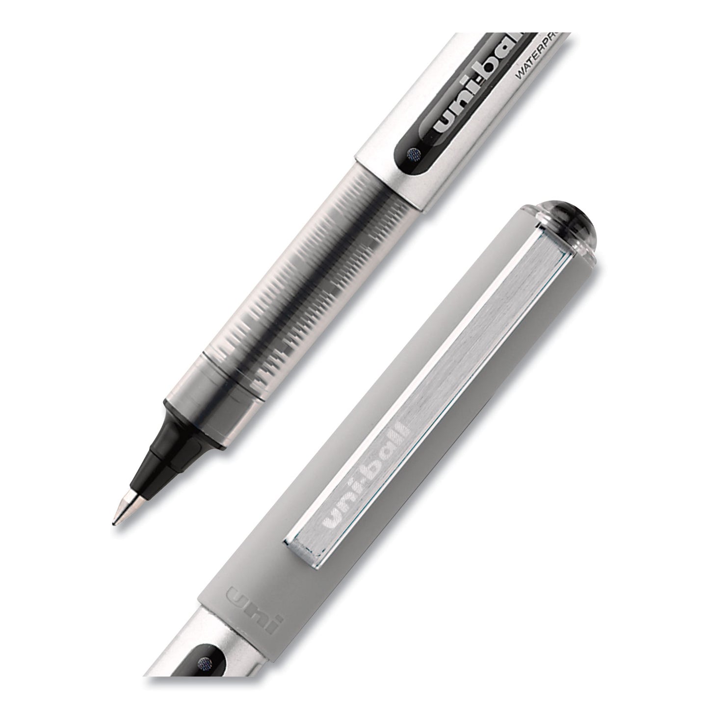 uni-ball VISION Roller Ball Pen, Stick, Fine 0.7 mm, Black Ink, Silver/Black/Clear Barrel, Dozen (60126)