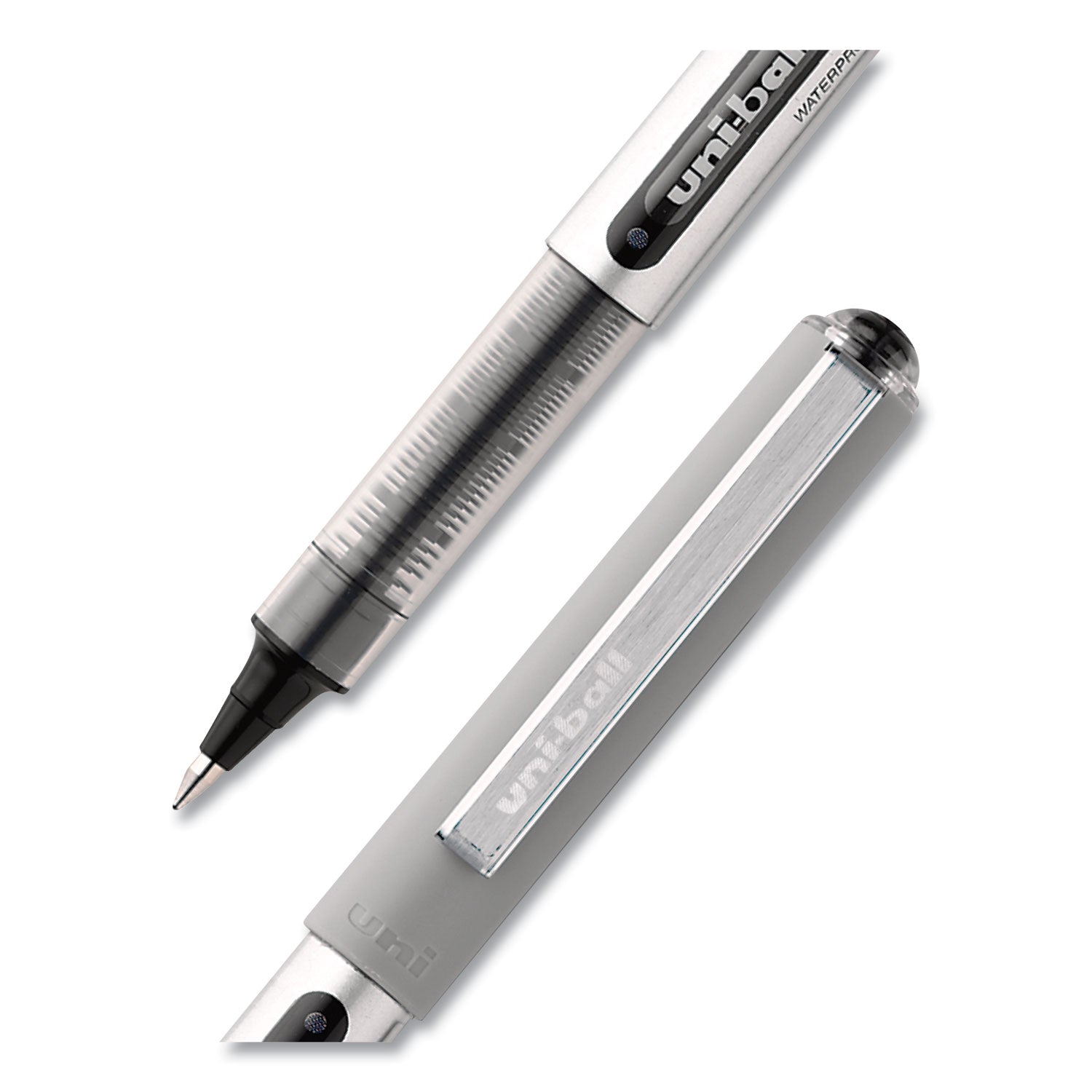 uni-ball VISION Roller Ball Pen, Stick, Fine 0.7 mm, Black Ink, Silver/Black/Clear Barrel, Dozen (60126)