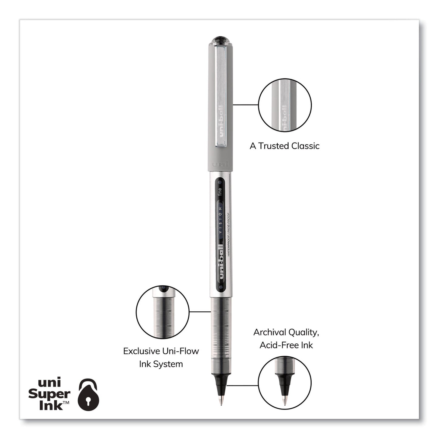 uni-ball VISION Roller Ball Pen, Stick, Fine 0.7 mm, Black Ink, Silver/Black/Clear Barrel, Dozen (60126)
