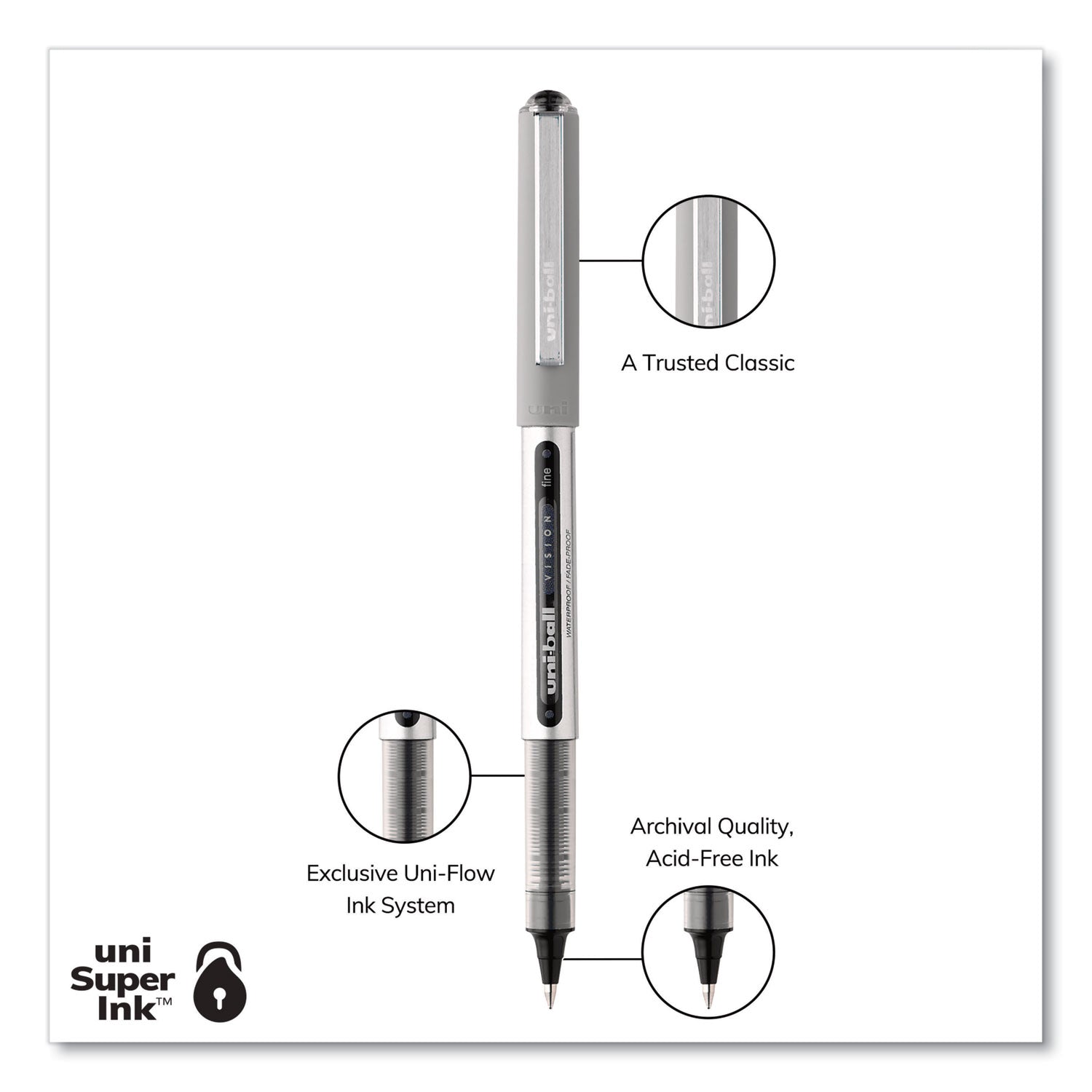 uni-ball VISION Roller Ball Pen, Stick, Fine 0.7 mm, Black Ink, Silver/Black/Clear Barrel, Dozen (60126)