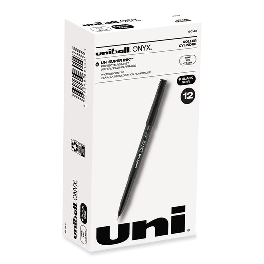 uni-ball ONYX Roller Ball Pen, Stick, Fine 0.7 mm, Black Ink, Black Barrel, Dozen (60143)