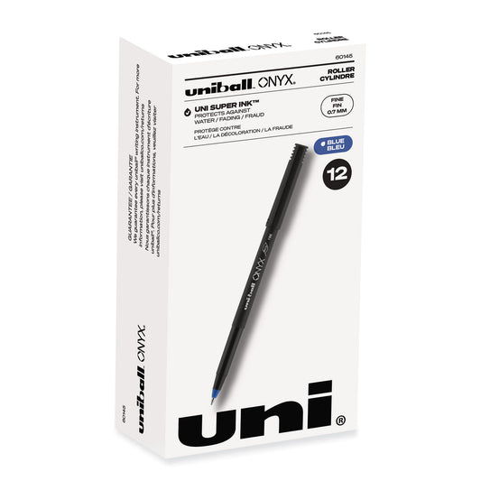 uni-ball ONYX Roller Ball Pen, Stick, Fine 0.7 mm, Blue Ink, Black/Blue Barrel, Dozen (60145)