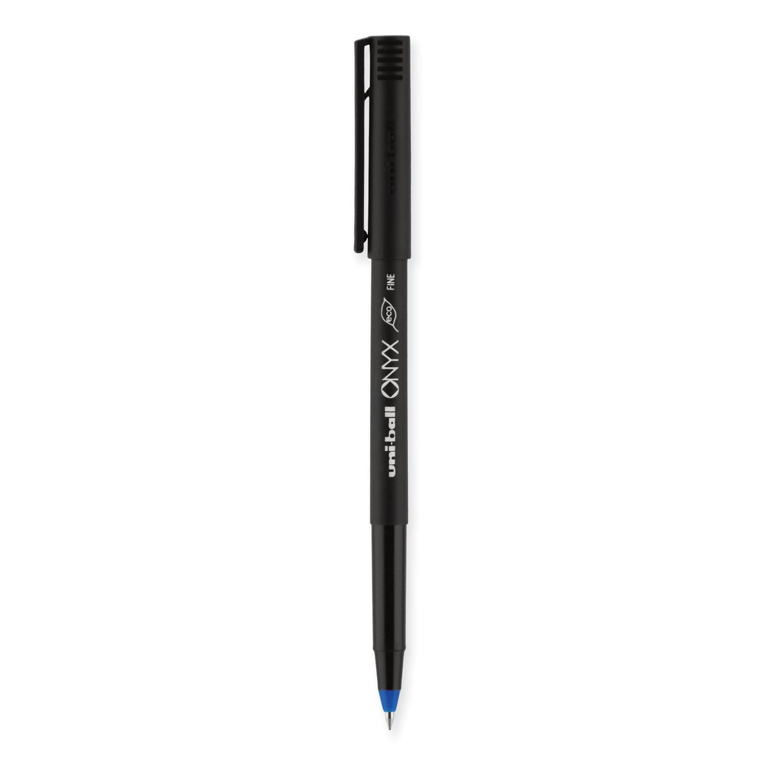 uni-ball ONYX Roller Ball Pen, Stick, Fine 0.7 mm, Blue Ink, Black/Blue Barrel, Dozen (60145)