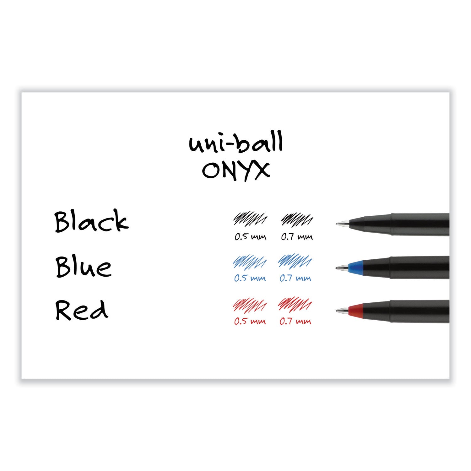 uni-ball ONYX Roller Ball Pen, Stick, Fine 0.7 mm, Blue Ink, Black/Blue Barrel, Dozen (60145)