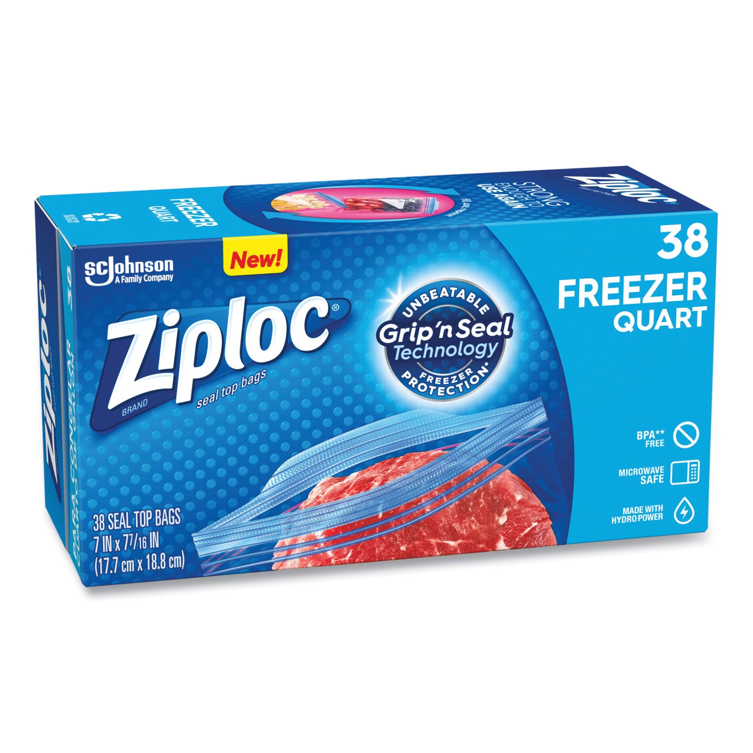 Ziploc Zipper Freezer Bags, 32 oz, 6.97" x 7.7", Clear, 38 Bags/Box, 9 Boxes/Carton (314444)