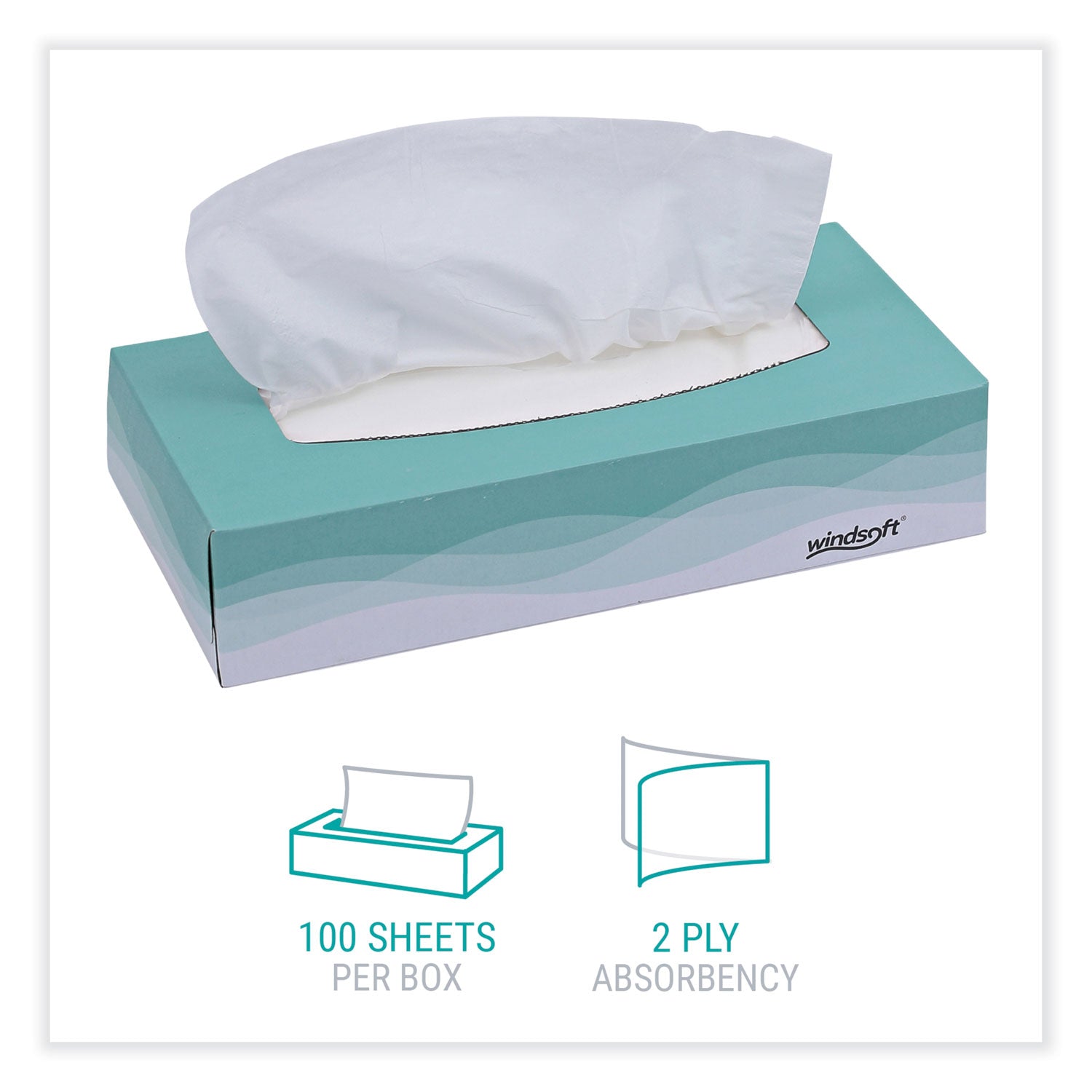 Windsoft Facial Tissue, 2 Ply, White, Flat Pop-Up Box, 100 Sheets/Box, 30 Boxes/Carton (2360)