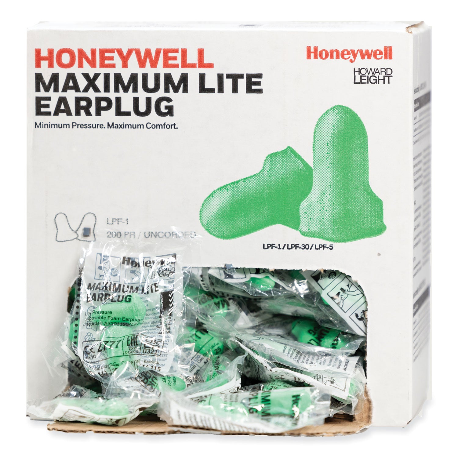 Howard Leight MAXIMUM Lite Single-Use Earplugs, Cordless, 30NRR, Green, 200 Pairs (LPF1)