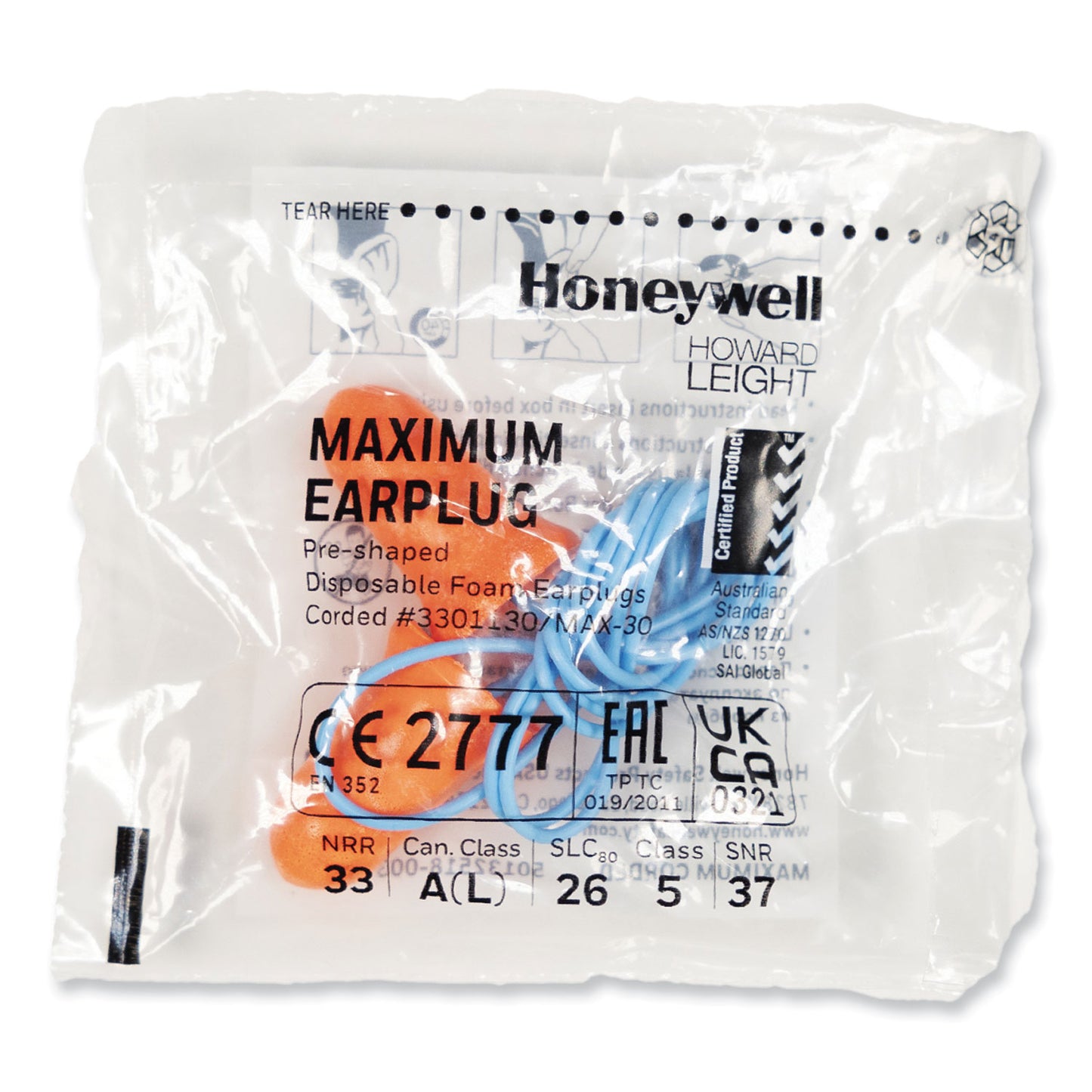 Howard Leight MAXIMUM Single-Use Earplugs, Corded, 33NRR, Coral, 100 Pairs (MXM30)