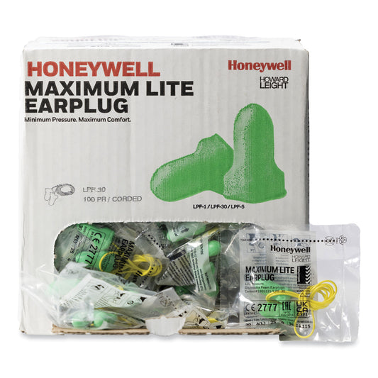 Howard Leight MAXIMUM Lite Single-Use Earplugs, Corded, 30NRR, Green, 100 Pairs (LPF30)