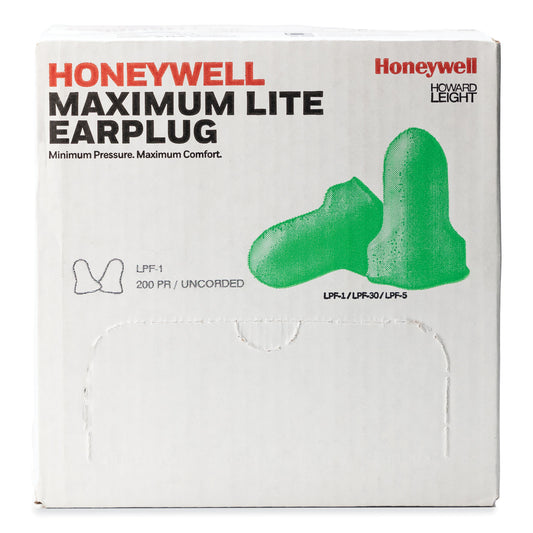 Howard Leight MAXIMUM Lite Single-Use Earplugs, Cordless, 30NRR, Green, 200 Pairs (LPF1)