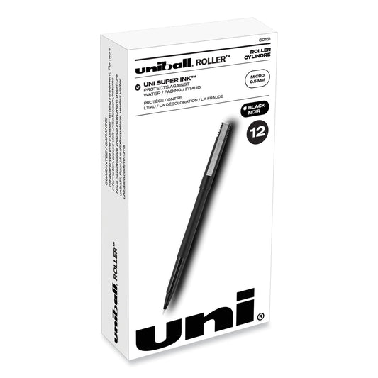 uni-ball Roller Ball Pen, Stick, Extra-Fine 0.5 mm, Black Ink, Black Matte Barrel, Dozen (60151)