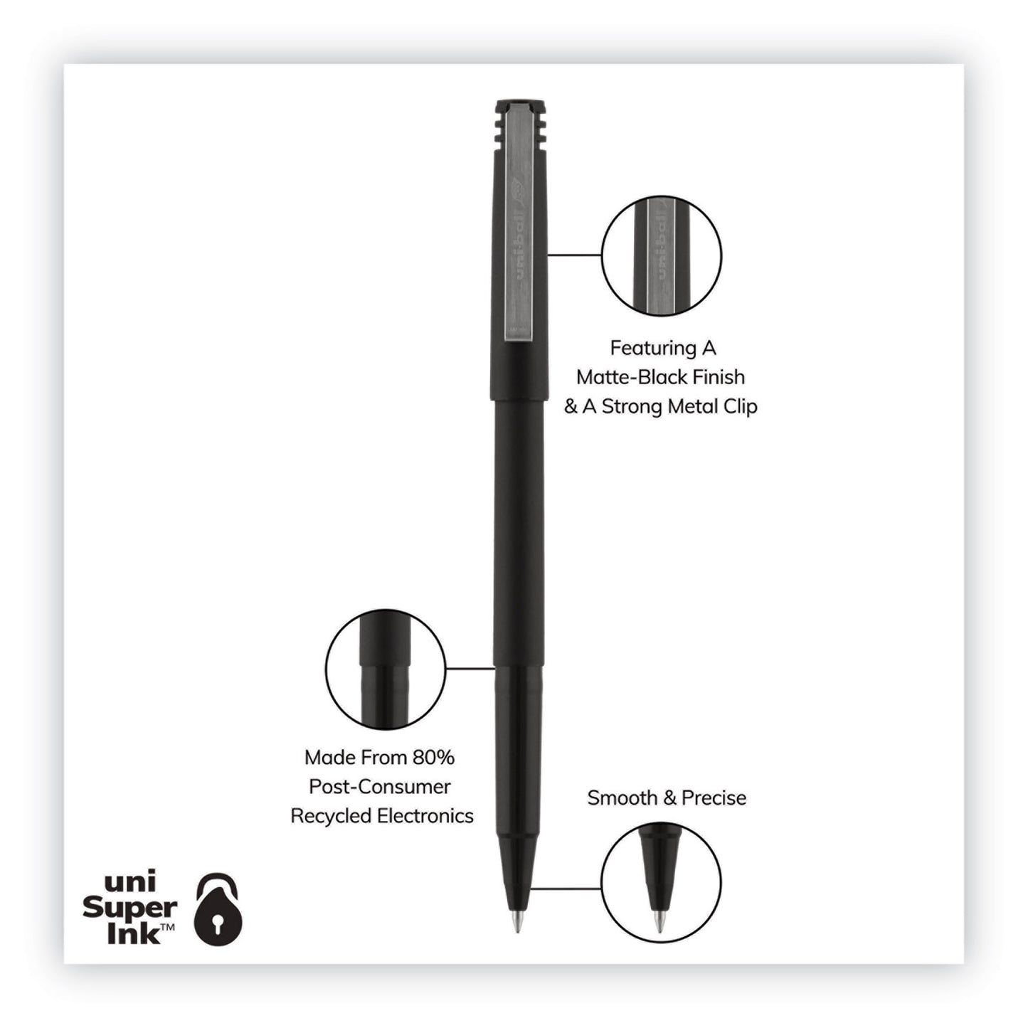 uni-ball Roller Ball Pen, Stick, Extra-Fine 0.5 mm, Black Ink, Black Matte Barrel, Dozen (60151)