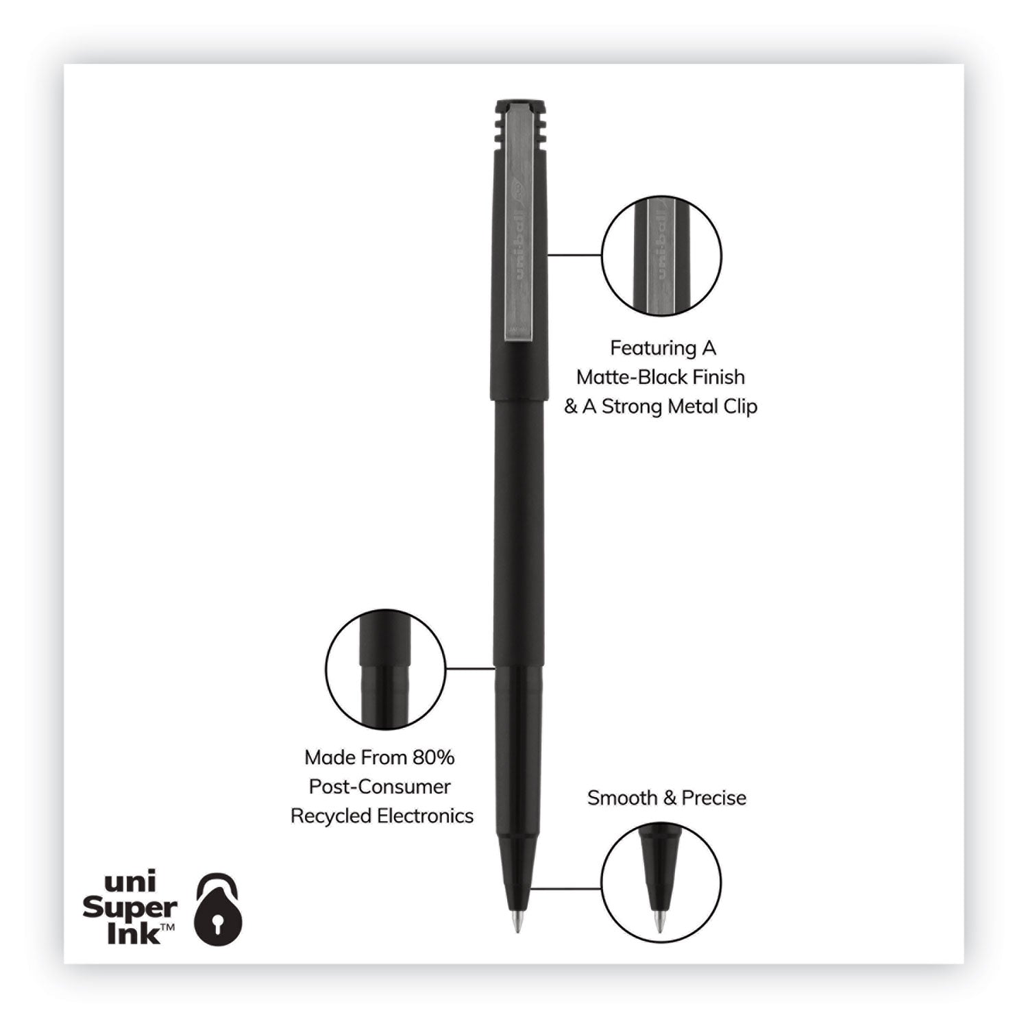 uni-ball Roller Ball Pen, Stick, Extra-Fine 0.5 mm, Black Ink, Black Matte Barrel, Dozen (60151)
