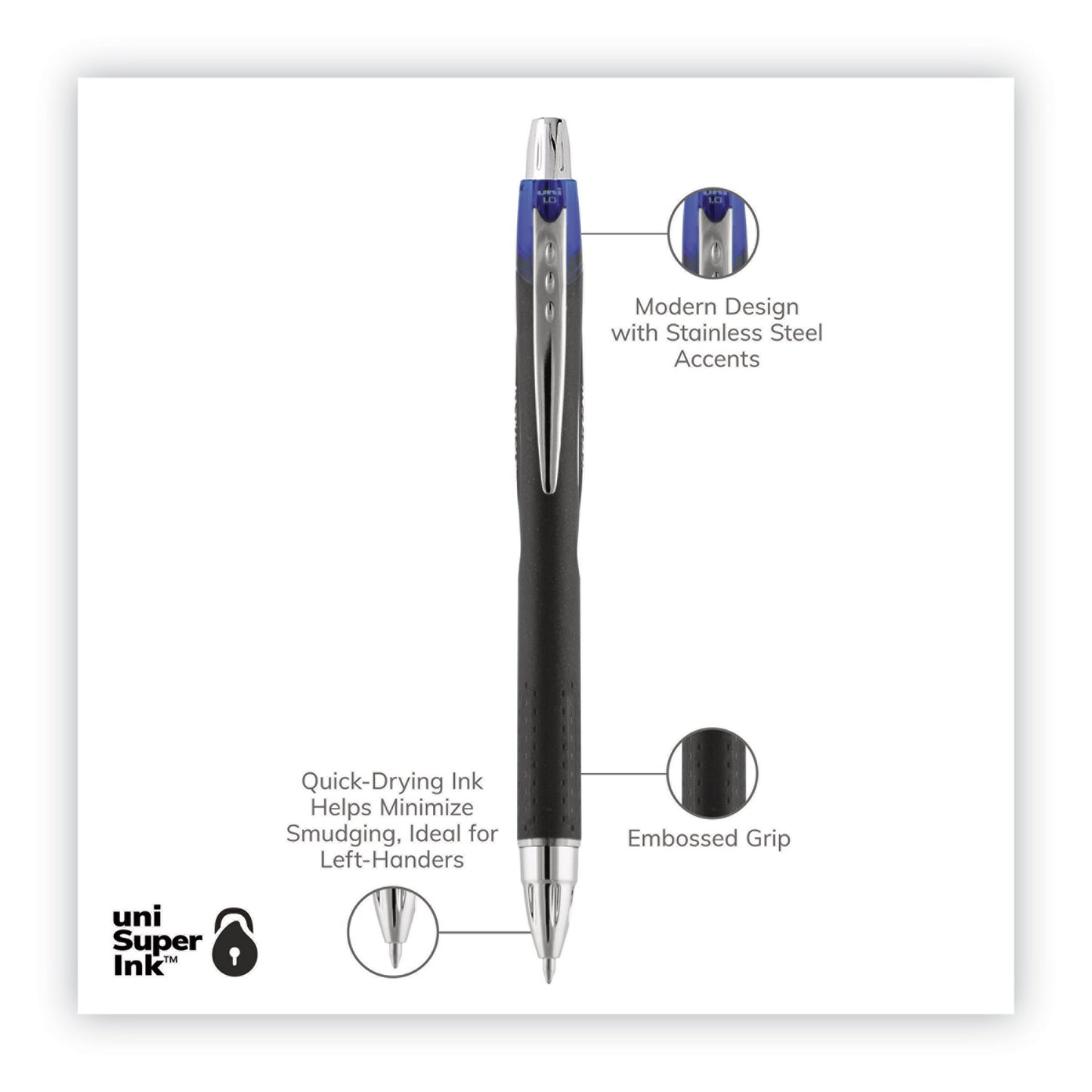 uni-ball Jetstream Retractable Hybrid Gel Pen, Bold 1 mm, Blue Ink, Black/Silver/Blue Barrel (73833)