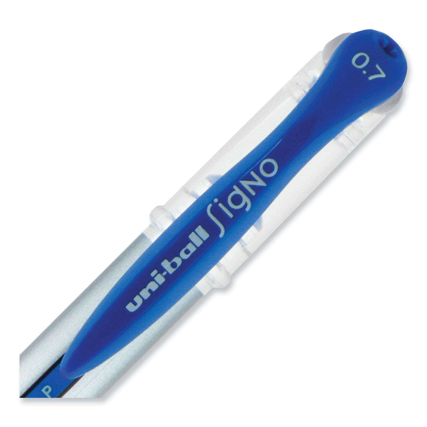 uni-ball Signo GRIP Gel Pen, Stick, Medium 0.7 mm, Blue Ink, Clear/Blue/Silver Barrel, Dozen (65451)