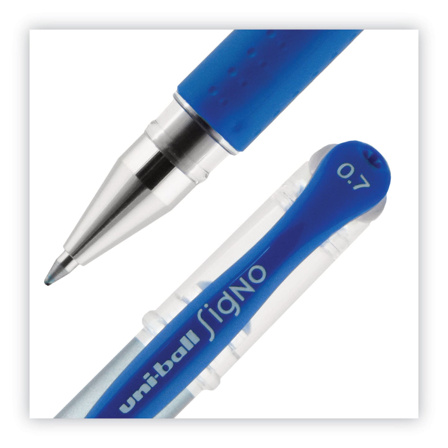 uni-ball Signo GRIP Gel Pen, Stick, Medium 0.7 mm, Blue Ink, Clear/Blue/Silver Barrel, Dozen (65451)