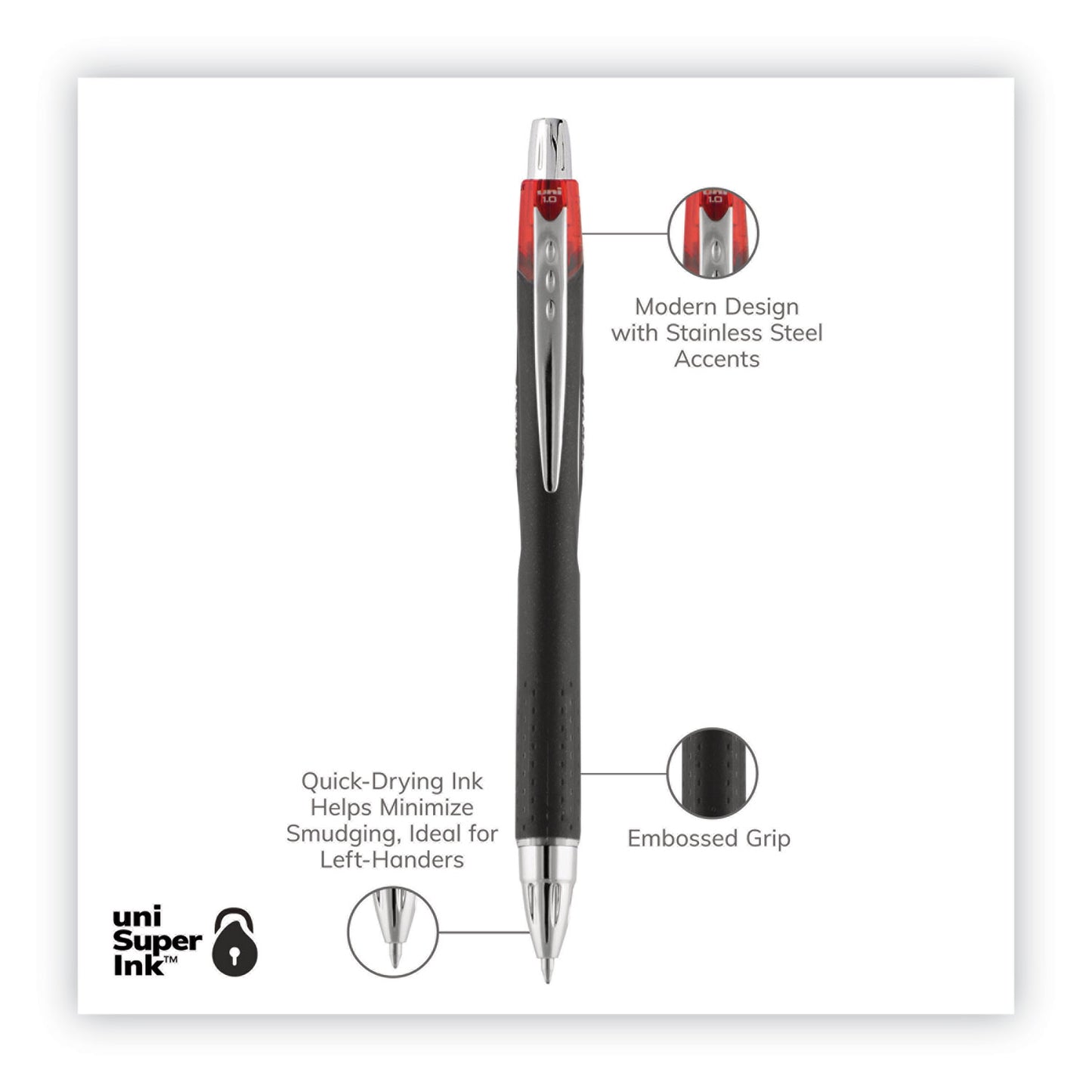 uni-ball Jetstream Retractable Hybrid Gel Pen, Bold 1 mm, Red Ink, Black/Silver/Red Barrel (73834)