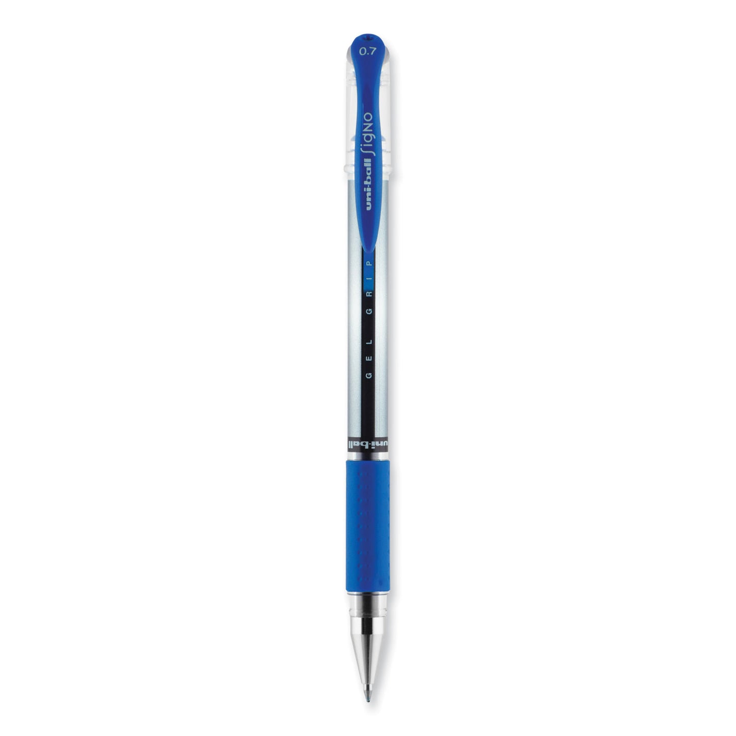 uni-ball Signo GRIP Gel Pen, Stick, Medium 0.7 mm, Blue Ink, Clear/Blue/Silver Barrel, Dozen (65451)