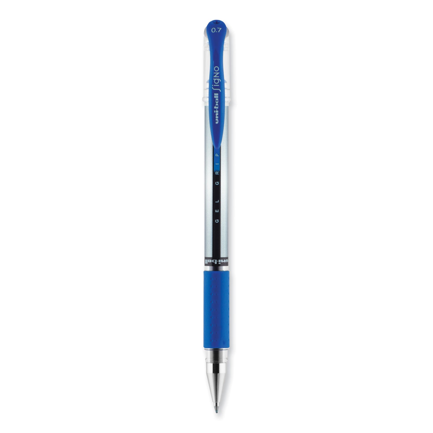 uni-ball Signo GRIP Gel Pen, Stick, Medium 0.7 mm, Blue Ink, Clear/Blue/Silver Barrel, Dozen (65451)